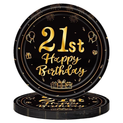 Black & Gold Birthday Party Supplies – Disposable Plates, Napkins, Cups & Tablecloth Set for Baby Boy or Girl Themed Celebration