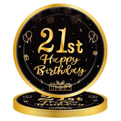 Black & Gold Birthday Party Supplies – Disposable Plates, Napkins, Cups & Tablecloth Set for Baby Boy or Girl Themed Celebration