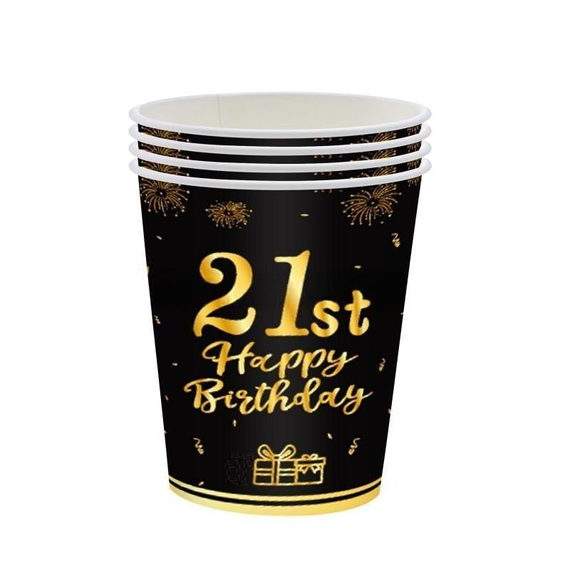 Black & Gold Birthday Party Supplies – Disposable Plates, Napkins, Cups & Tablecloth Set for Baby Boy or Girl Themed Celebration