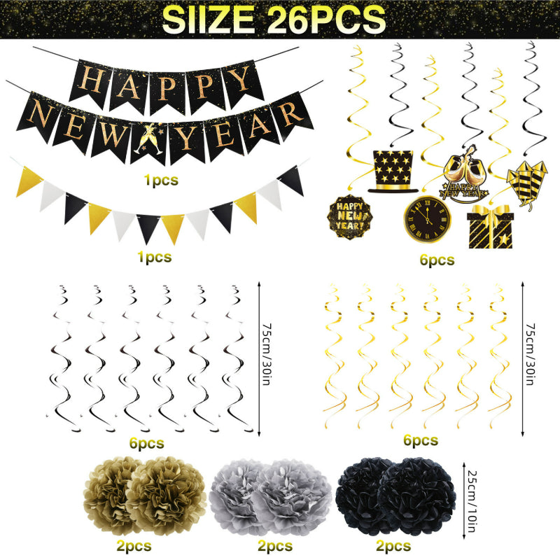 Happy New Year Black Gold Balloon Garland Kit – with Explosion Star & Champagne Bottle Foil Balloons, NYE Party Arch Decor Set