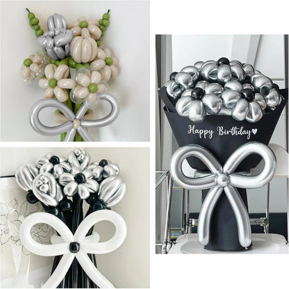 260Q twisting balloon silver and white floral bouquet arrangement