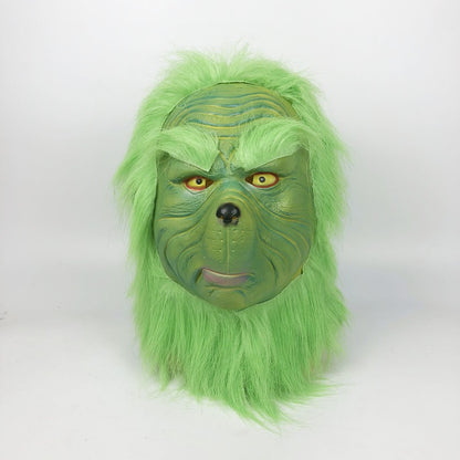 Green furry monster Christmas latex mask