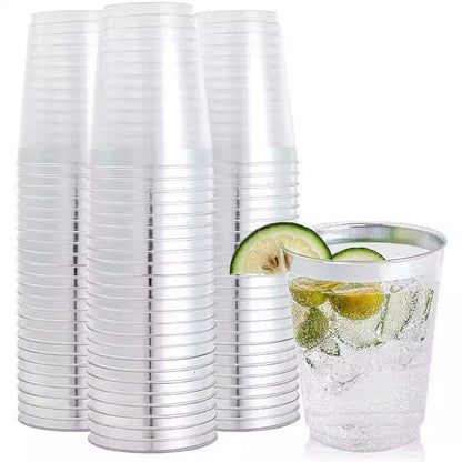 Gold Rim Disposable Hard Plastic Cups – 300ML/10OZ Elegant Clear Cups for Tiramisu, Wedding, Birthday & Party (Gold/Silver/Rose Gold/Gold Powder Rim, 25pcs/pack)