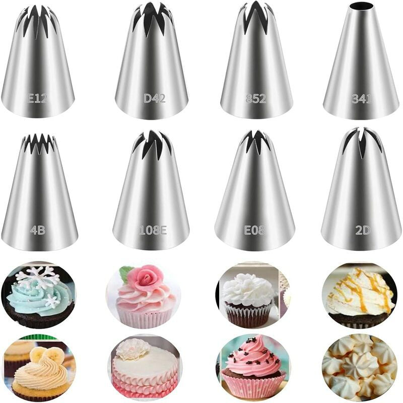 Stainless steel piping nozzle set 8-piece fine star tips layout