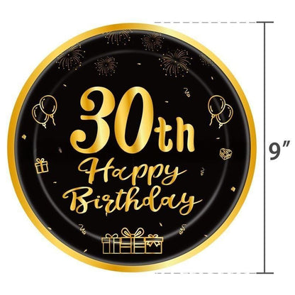 Black & Gold Birthday Party Supplies – Disposable Plates, Napkins, Cups & Tablecloth Set for Baby Boy or Girl Themed Celebration