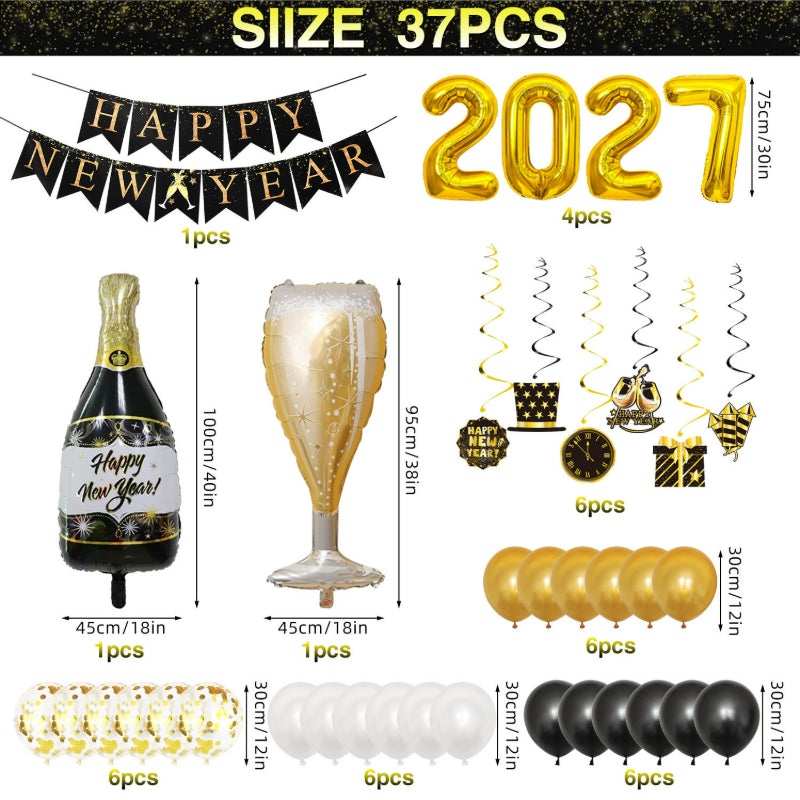 Happy New Year Black Gold Balloon Garland Kit – with Explosion Star & Champagne Bottle Foil Balloons, NYE Party Arch Decor Set