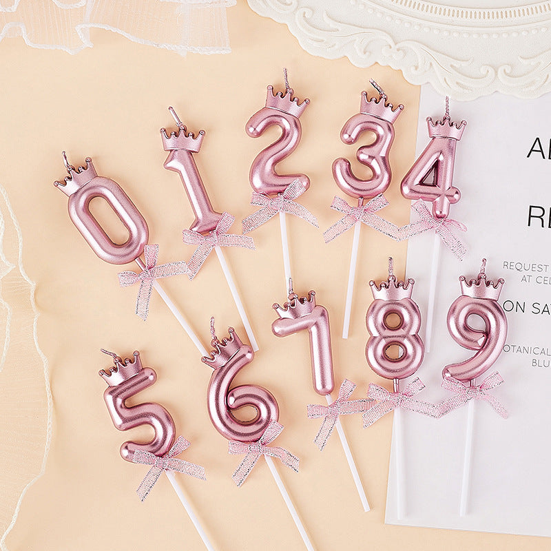 Wholesale 3D crown number birthday candles 0-9 - Rose gold with crown and bow