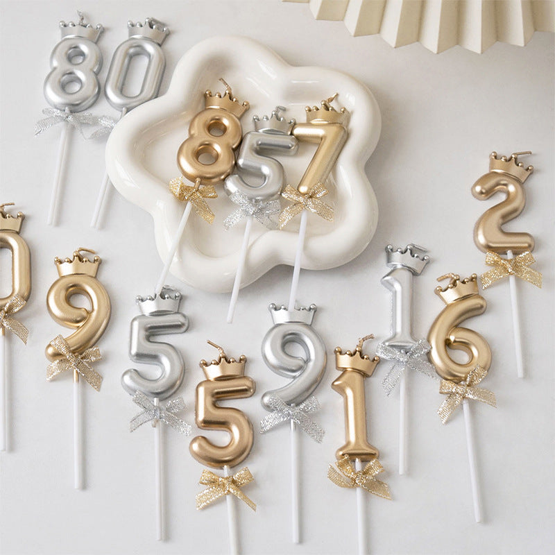Wholesale 3D crown number birthday candles 0-9 - Assorted metallic numbers full collection display
