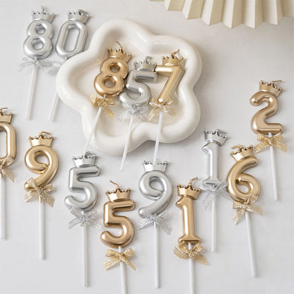 Wholesale 3D crown number birthday candles 0-9 - Assorted metallic numbers full collection display