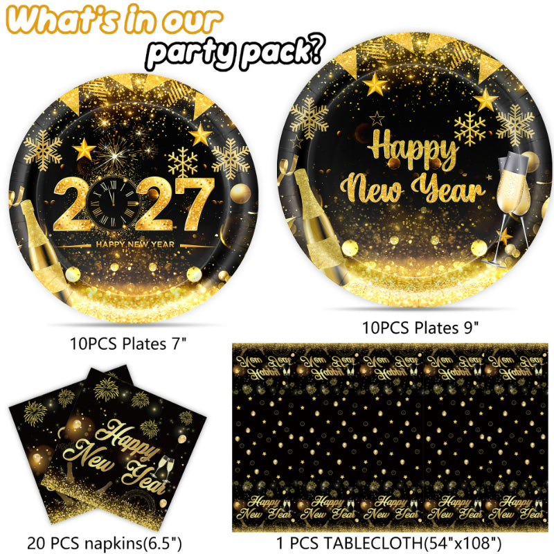 2027 Black Gold Happy New Year Party Set, Banner, Paper Plates, Paper Cups, Tablecloth & Disposable Tableware
