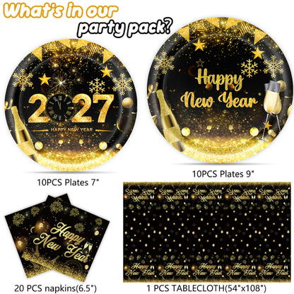 2027 Black Gold Happy New Year Party Set, Banner, Paper Plates, Paper Cups, Tablecloth & Disposable Tableware