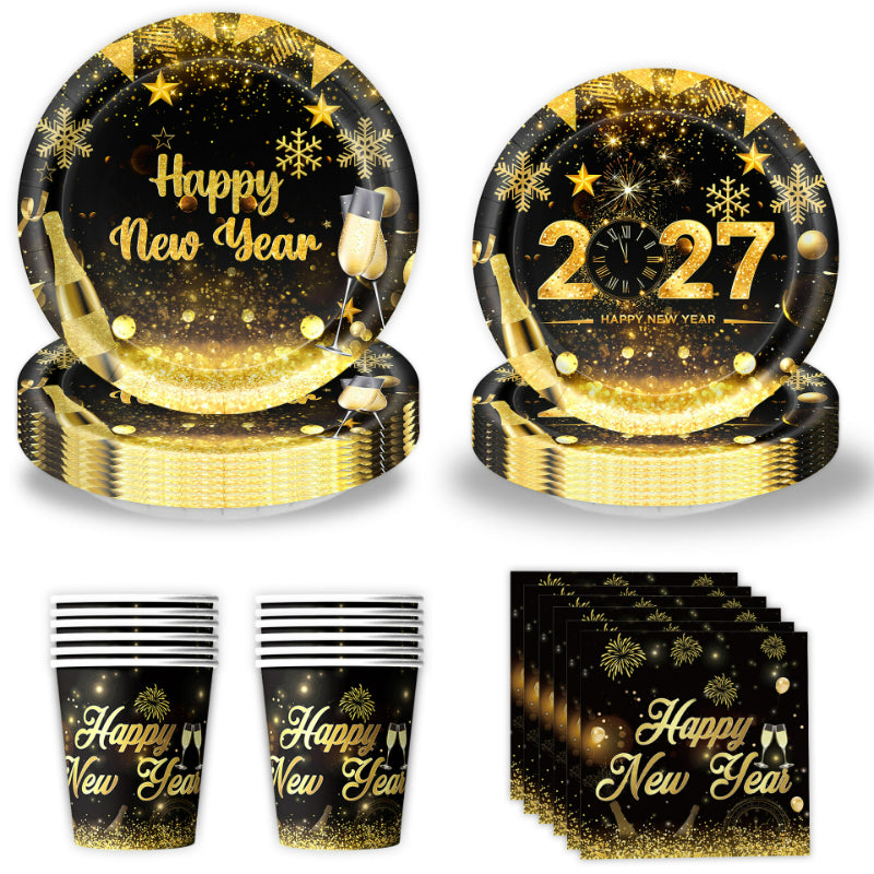 2027 Black Gold Happy New Year Party Set, Banner, Paper Plates, Paper Cups, Tablecloth & Disposable Tableware