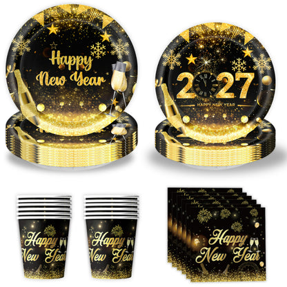 2027 Black Gold Happy New Year Party Set, Banner, Paper Plates, Paper Cups, Tablecloth & Disposable Tableware