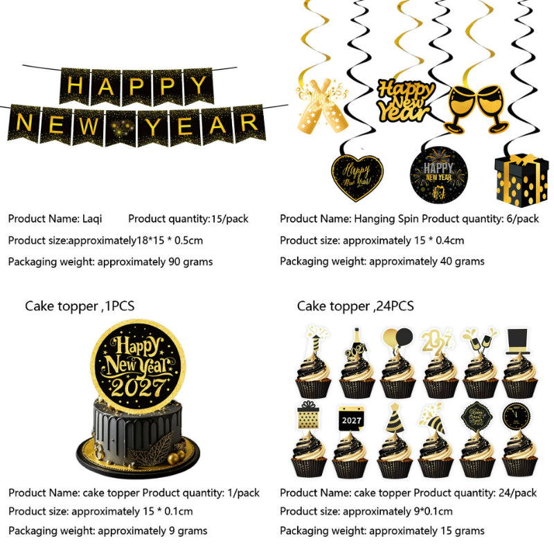 2027 Black Gold Happy New Year Party Set, Banner, Paper Plates, Paper Cups, Tablecloth & Disposable Tableware