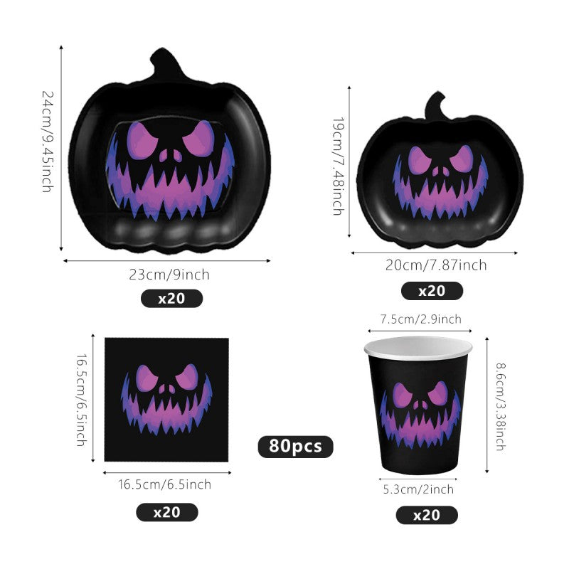 Purple Pumpkin Devil Halloween Party Set – Disposable Plates, Napkins & Cups for Spooky Birthday, Themed Celebration Supplies