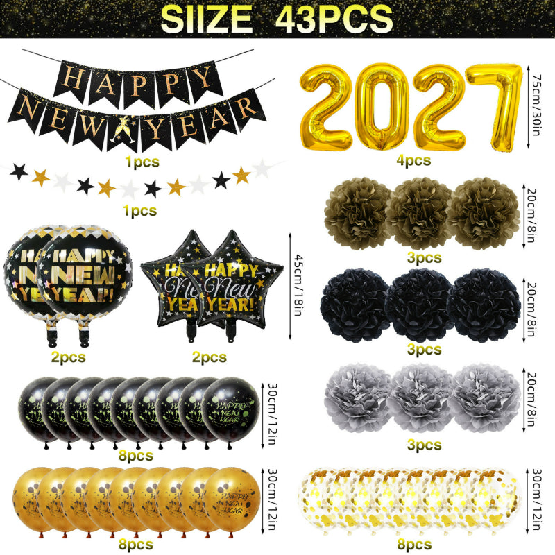 Happy New Year Black Gold Balloon Garland Kit – with Explosion Star & Champagne Bottle Foil Balloons, NYE Party Arch Decor Set