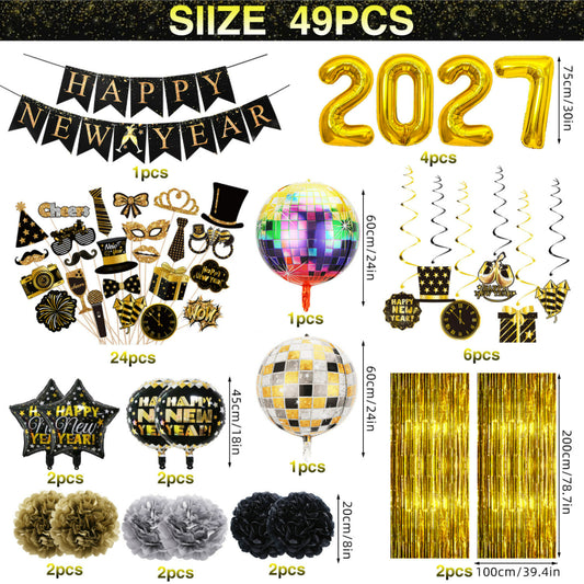 Happy New Year Black Gold Balloon Garland Kit – with Explosion Star & Champagne Bottle Foil Balloons, NYE Party Arch Decor Set
