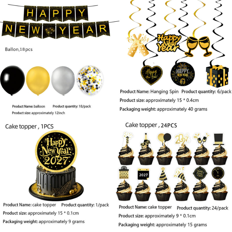 2027 Black Gold Happy New Year Party Set, Banner, Paper Plates, Paper Cups, Tablecloth & Disposable Tableware