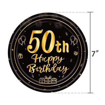 Black & Gold Birthday Party Supplies – Disposable Plates, Napkins, Cups & Tablecloth Set for Baby Boy or Girl Themed Celebration