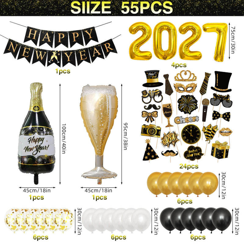 Happy New Year Black Gold Balloon Garland Kit – with Explosion Star & Champagne Bottle Foil Balloons, NYE Party Arch Decor Set
