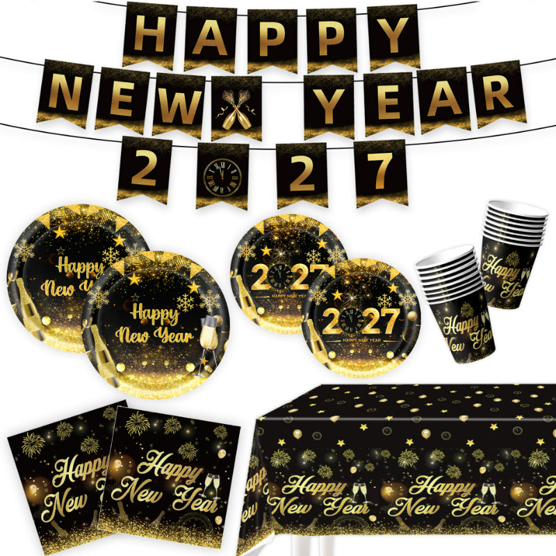 2027 Black Gold Happy New Year Party Set, Banner, Paper Plates, Paper Cups, Tablecloth & Disposable Tableware