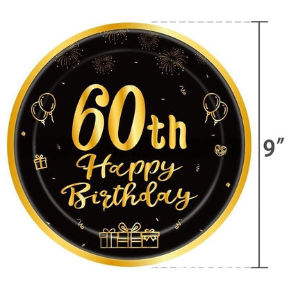 Black & Gold Birthday Party Supplies – Disposable Plates, Napkins, Cups & Tablecloth Set for Baby Boy or Girl Themed Celebration