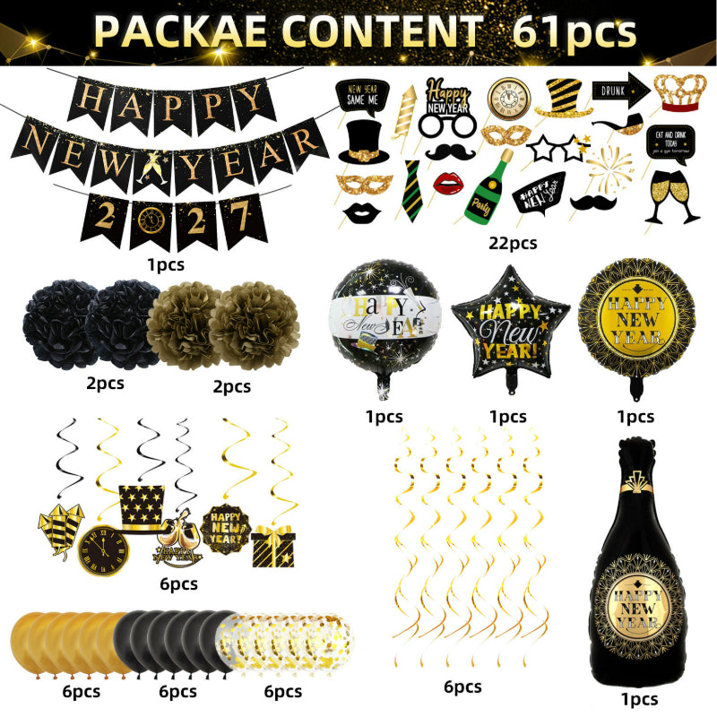 Happy New Year Black Gold Balloon Garland Kit – with Explosion Star & Champagne Bottle Foil Balloons, NYE Party Arch Decor Set