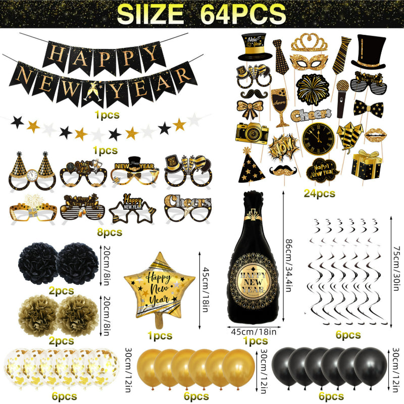 Happy New Year Black Gold Balloon Garland Kit – with Explosion Star & Champagne Bottle Foil Balloons, NYE Party Arch Decor Set
