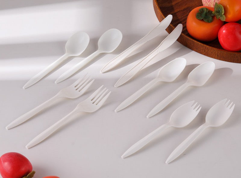 PSM Cornstarch Disposable Cutlery - 6 Inch Biodegradable Fork, Spoon & Spork for Food Service