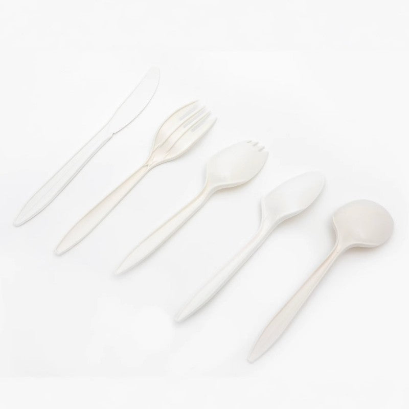 PSM Cornstarch Disposable Cutlery - 6 Inch Biodegradable Fork, Spoon & Spork for Food Service