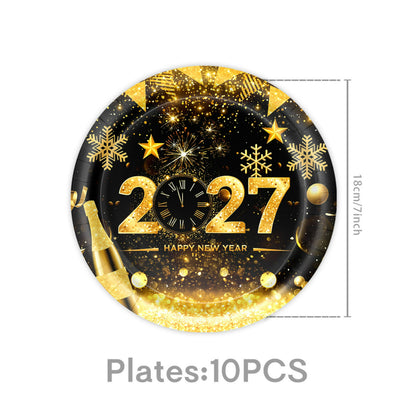 2027 Black Gold Happy New Year Party Set, Banner, Paper Plates, Paper Cups, Tablecloth & Disposable Tableware