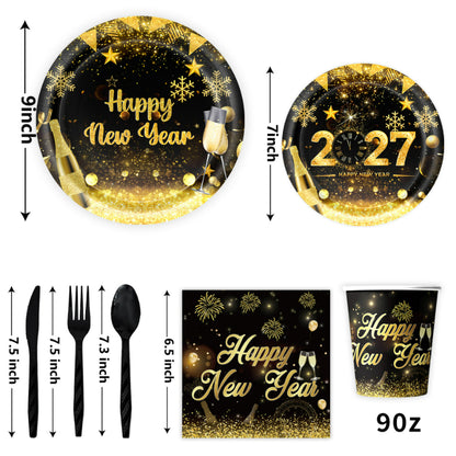 2027 Black Gold Happy New Year Party Set, Banner, Paper Plates, Paper Cups, Tablecloth & Disposable Tableware