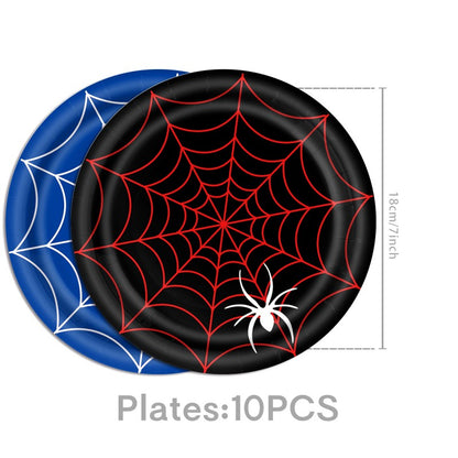 Halloween Spider Web Party Supplies | Birthday Tableware & Banner Decor Set (7″/9″ Plates, Cups, Napkins, Tablecloth, Bunting, Cutlery, Straws)