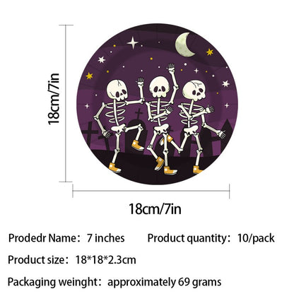 Skull-Themed Halloween Party Kit – Disposable Plates, Bunting & Tablecloth for Creepy Celebrations, Fast Shipping (10-Piece Set, 7″/9″ Plates, Cups, Napkins, Tablecloth, Bunting, Straws, Cutlery)