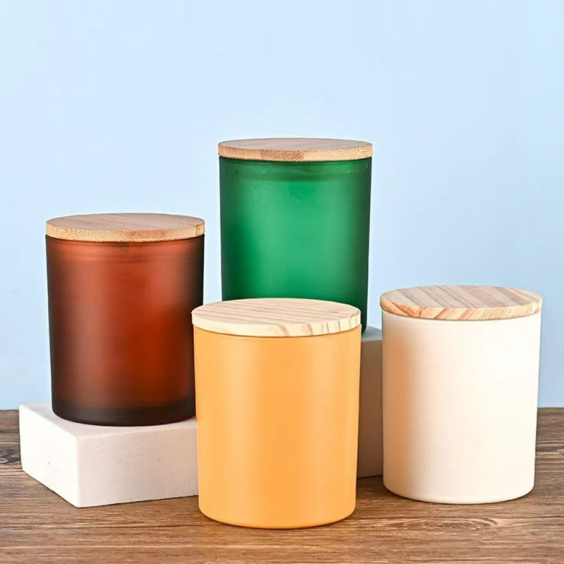 7oz 180g Frosted White Glass Candle Jars with Wood Lids – Thickened Jar for Candle Making, Spice Storage & Home Decoration (D70mm x H84mm, Multiple Colors, Pine Wood Lid)