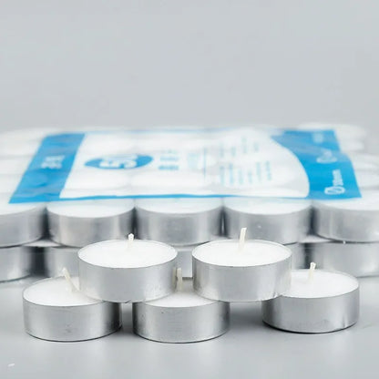 Paraffin tealight candles side profile showing aluminum cup rims