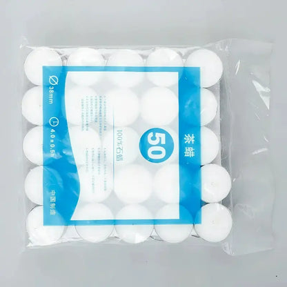 Paraffin 4h tealight candles top-down view of 50-pack shrink wrap