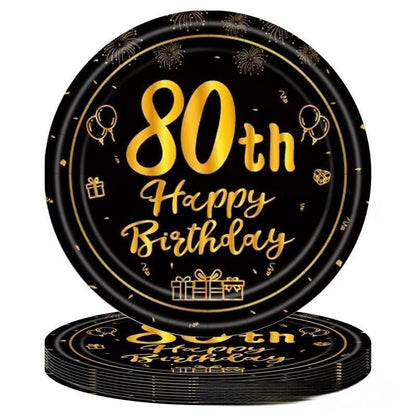 Black & Gold Birthday Party Supplies – Disposable Plates, Napkins, Cups & Tablecloth Set for Baby Boy or Girl Themed Celebration