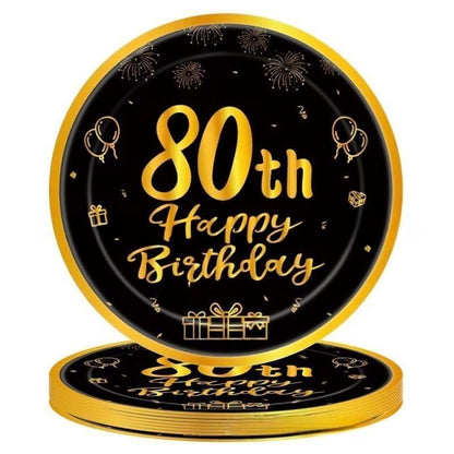 Black & Gold Birthday Party Supplies – Disposable Plates, Napkins, Cups & Tablecloth Set for Baby Boy or Girl Themed Celebration