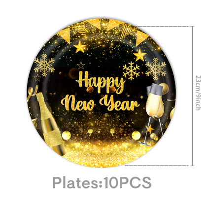 2027 Black Gold Happy New Year Party Set, Banner, Paper Plates, Paper Cups, Tablecloth & Disposable Tableware