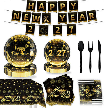 2027 Black Gold Happy New Year Party Set, Banner, Paper Plates, Paper Cups, Tablecloth & Disposable Tableware