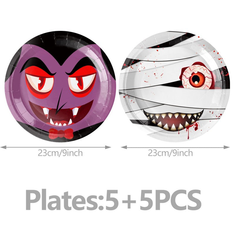 Halloween Horror Party Decoration Supplies – Disposable Dinnerware, Plastic Table Cover & Hanging Banner for Haunted House & Themed Event