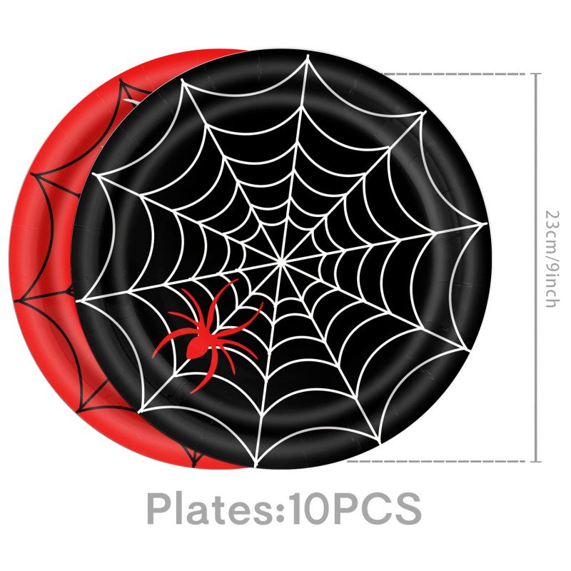 Halloween Spider Web Party Supplies | Birthday Tableware & Banner Decor Set (7″/9″ Plates, Cups, Napkins, Tablecloth, Bunting, Cutlery, Straws)