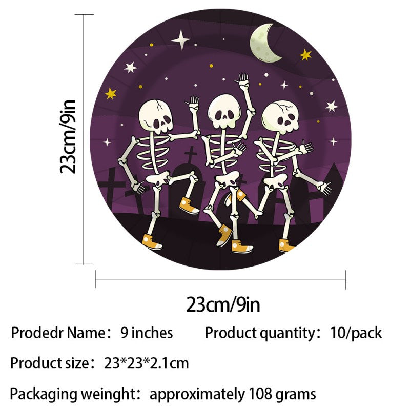 Skull-Themed Halloween Party Kit – Disposable Plates, Bunting & Tablecloth for Creepy Celebrations, Fast Shipping (10-Piece Set, 7″/9″ Plates, Cups, Napkins, Tablecloth, Bunting, Straws, Cutlery)