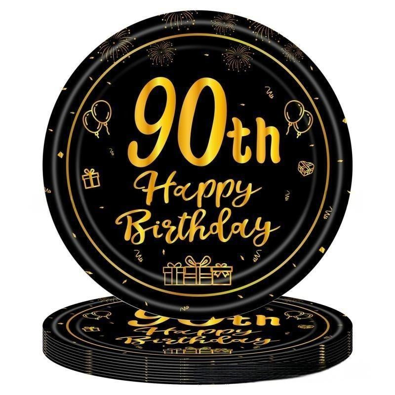 Black & Gold Birthday Party Supplies – Disposable Plates, Napkins, Cups & Tablecloth Set for Baby Boy or Girl Themed Celebration
