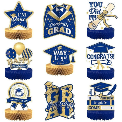 Blue & Gold Graduation Party Decoration Set | Backdrop, Balloons, Banner & Cake Topper