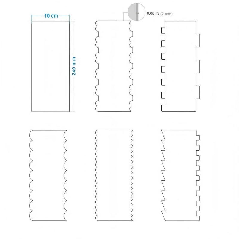 Acrylic cake edge scraper - 6-piece standard scraper set dimensional diagram