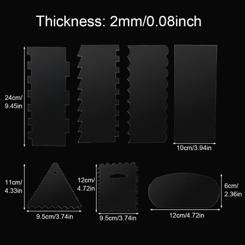 Acrylic cake edge scraper - 7-piece triangle comb combo set on black background