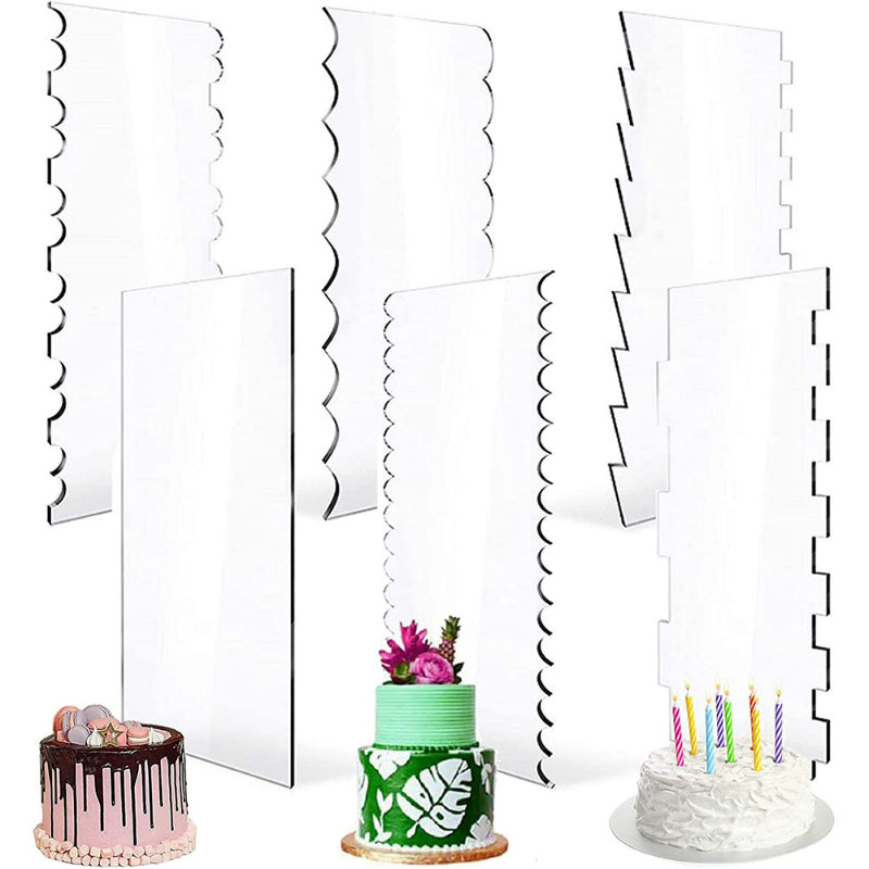 Acrylic cake edge scraper - Clear patterned scrapers standing with decorated cakes