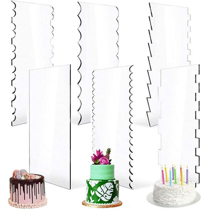 Acrylic cake edge scraper - Clear patterned scrapers standing with decorated cakes